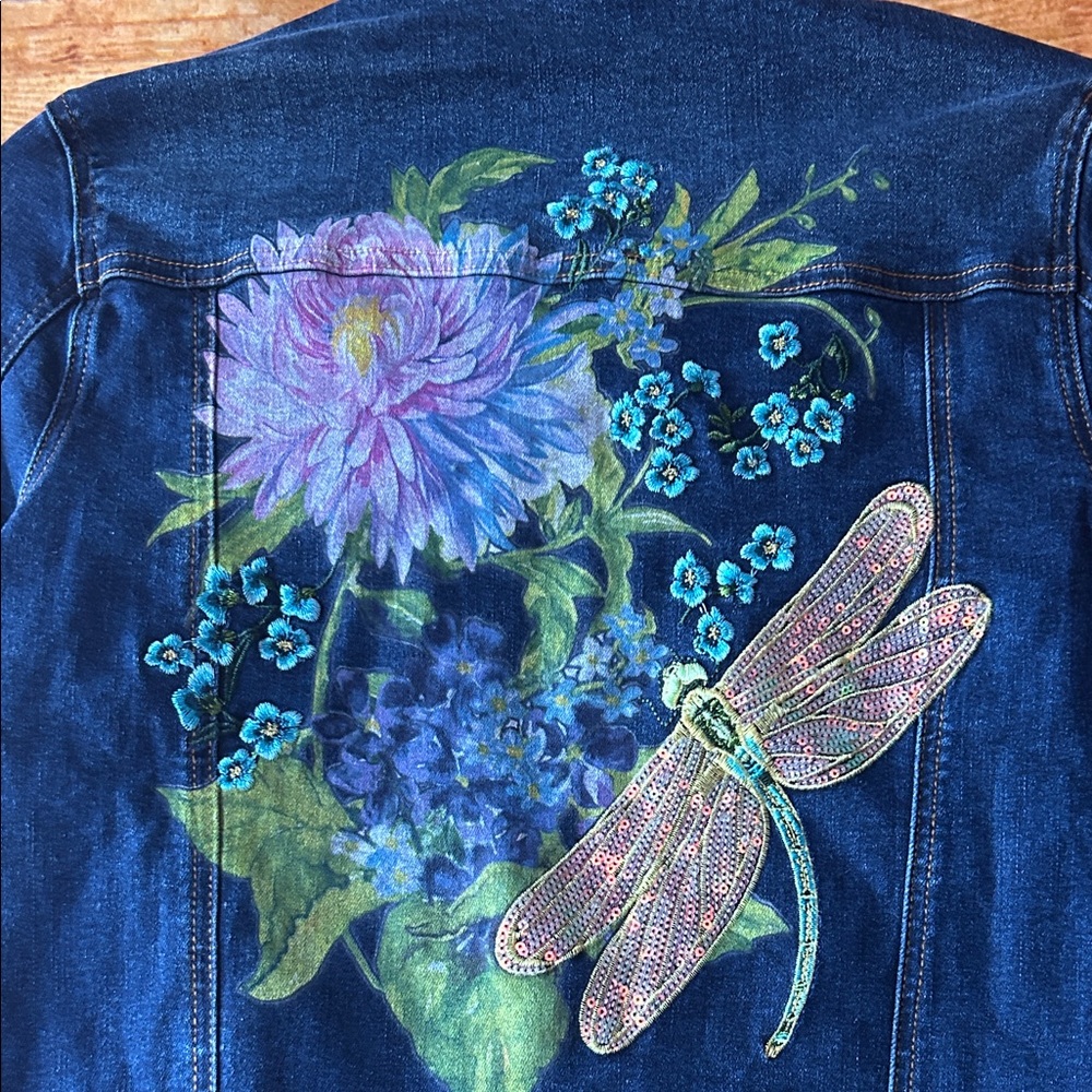 DG2 by Diane Gilman New Classic Stretch Denim Embroidered Back Jacket - Picture 4 of 9